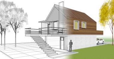 ev mimarisi projesi çizimi 3d illüstrasyon