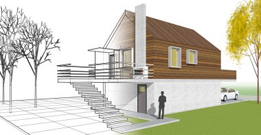 ev mimarisi projesi çizimi 3d illüstrasyon