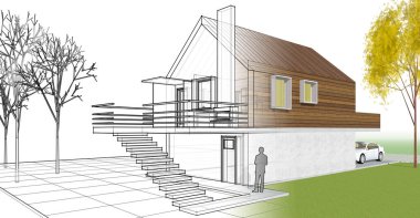 ev mimarisi projesi çizimi 3d illüstrasyon