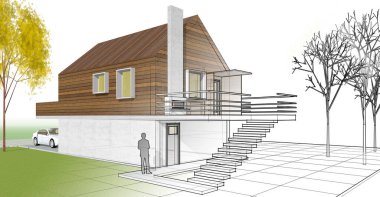 ev mimarisi projesi çizimi 3d illüstrasyon