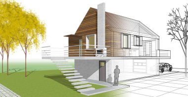 ev mimarisi projesi çizimi 3d illüstrasyon