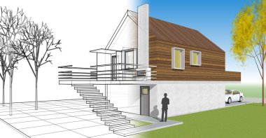 ev mimarisi projesi çizimi 3d illüstrasyon