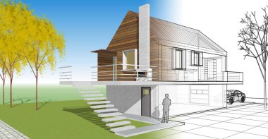 ev mimarisi projesi çizimi 3d illüstrasyon