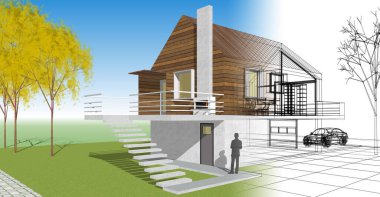 ev mimarisi projesi çizimi 3d illüstrasyon