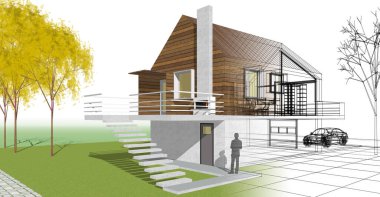 ev mimarisi projesi çizimi 3d illüstrasyon
