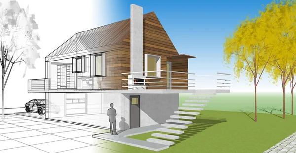 ev mimarisi projesi çizimi 3d illüstrasyon