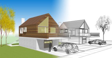 ev mimarisi projesi çizimi 3d illüstrasyon