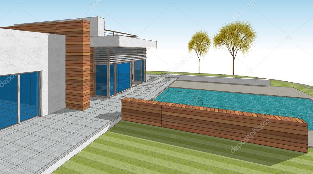 modern house construction architectural sketch 3d rendering