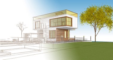 modern küçük mimari çizimi 3d illüstrasyon