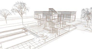 modern küçük mimari çizimi 3d illüstrasyon