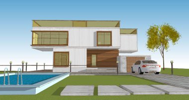 modern küçük mimari çizimi 3d illüstrasyon