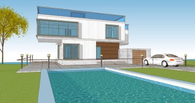 ev mimarisi çizimi 3d illüstrasyon