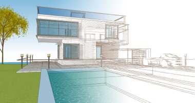 ev mimarisi çizimi 3d illüstrasyon