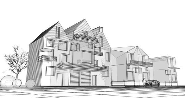 townhouse architectural project sketch 3d illustration