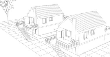 Kasaba mimari projesi çizimi 3D illüstrasyon