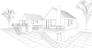 Kasaba mimari projesi çizimi 3D illüstrasyon