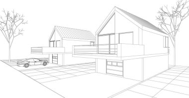 Kasaba mimari projesi çizimi 3D illüstrasyon