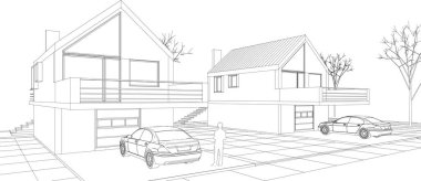 Kasaba mimari projesi çizimi 3D illüstrasyon