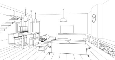 İç mutfak oturma odası 3D görüntü