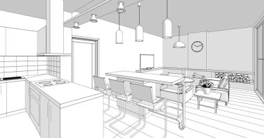 İç mutfak oturma odası 3D görüntü