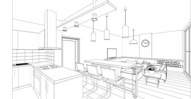 İç mutfak oturma odası 3D görüntü