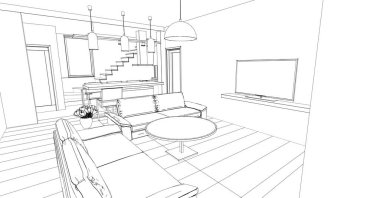 İç mutfak oturma odası 3D görüntü