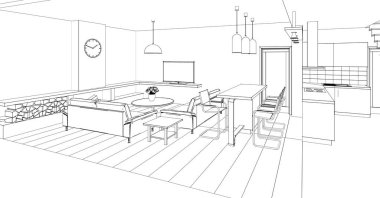 İç mutfak oturma odası 3D görüntü