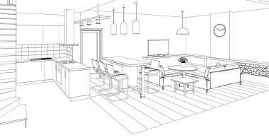 İç mutfak oturma odası 3D görüntü