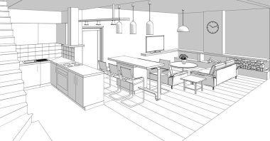 İç mutfak oturma odası 3D görüntü