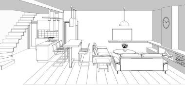 İç mutfak oturma odası 3D görüntü