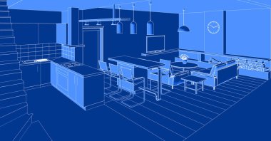 İç mutfak oturma odası 3D görüntü