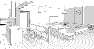 İç mutfak oturma odası 3D görüntü