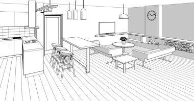 İç mutfak oturma odası 3D görüntü