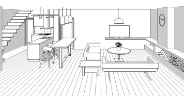 İç mutfak oturma odası 3D görüntü