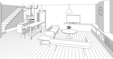 İç mutfak oturma odası 3D görüntü
