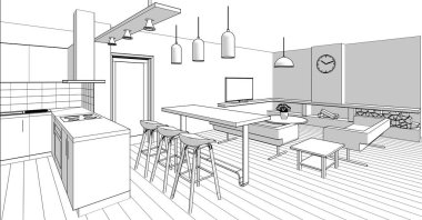 İç mutfak oturma odası 3D görüntü