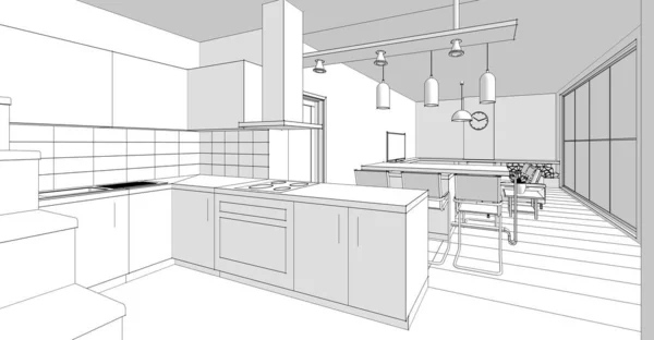 interior kitchen living room 3d illustration