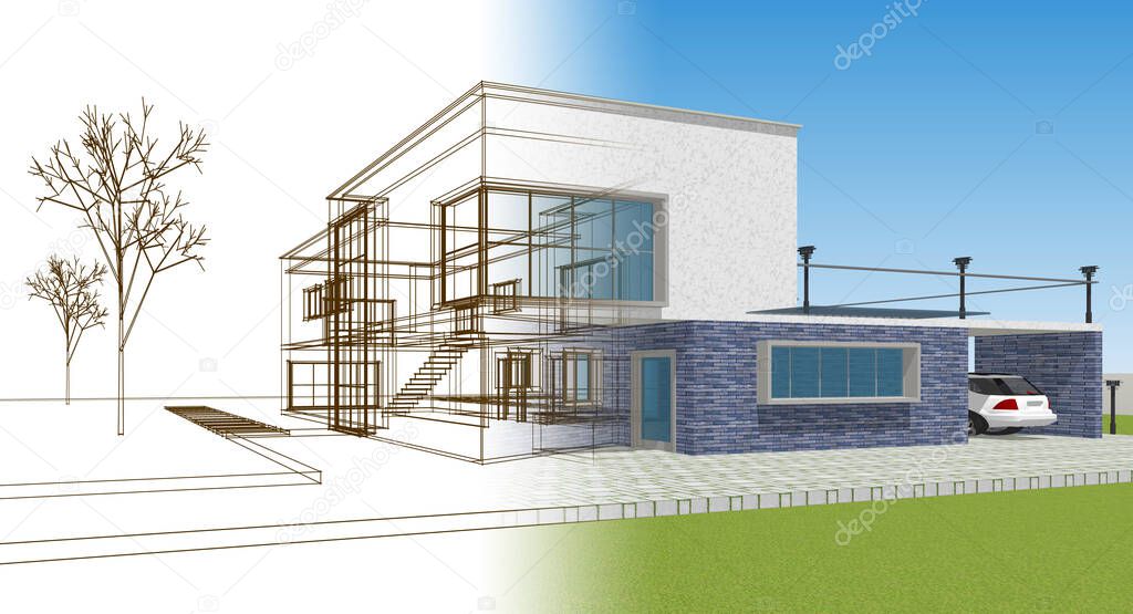 abstract cubic house 3d rendering