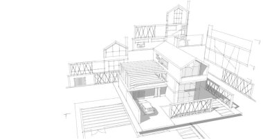 Modern ev mimari projesi çizimi 3D illüstrasyon