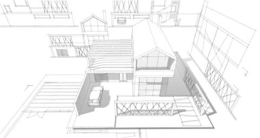 Modern ev mimari projesi çizimi 3D illüstrasyon