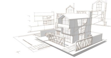 Modern ev mimari projesi çizimi 3D illüstrasyon