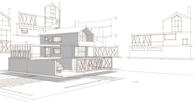 Modern ev mimari projesi çizimi 3D illüstrasyon