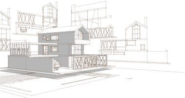 Modern ev mimari projesi çizimi 3D illüstrasyon