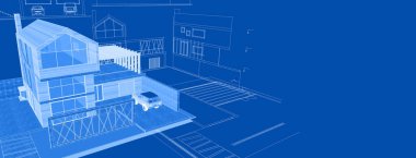 Modern ev mimari projesi çizimi 3D illüstrasyon