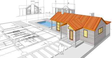 ev, mimari proje, çizim, üç boyutlu illüstrasyon