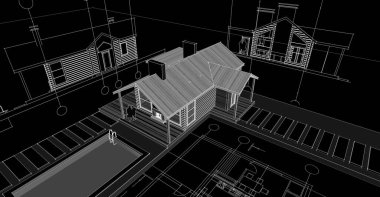 ev, mimari proje, çizim, üç boyutlu illüstrasyon