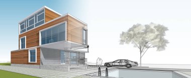 ev mimarisi çizimi 3d illüstrasyon