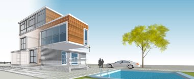 ev mimarisi çizimi 3d illüstrasyon