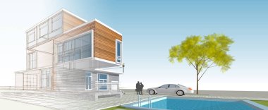 ev mimarisi çizimi 3d illüstrasyon