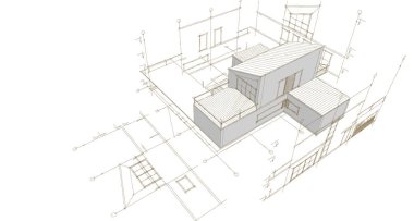 Modern ev mimari projesi çizimi 3D illüstrasyon